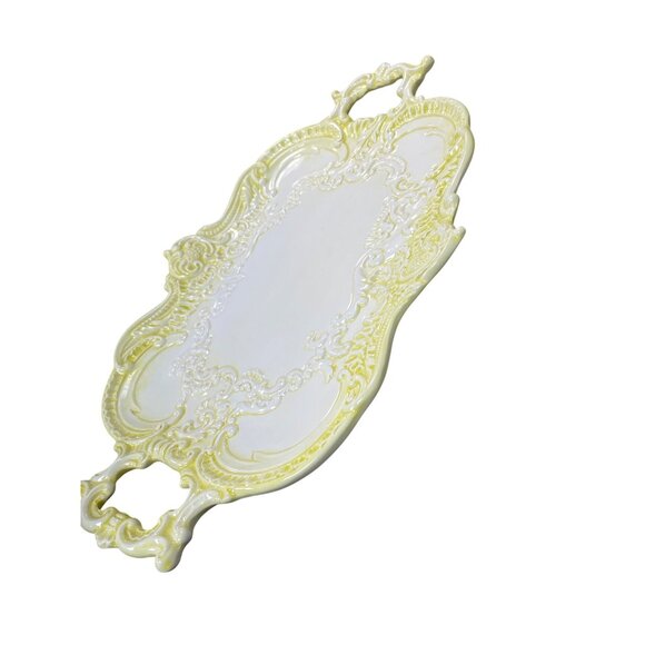 Italian Made Glazed Ceramic Yellow white ornate Farm Serve tray SKU 9596 - Picture 4 of 10